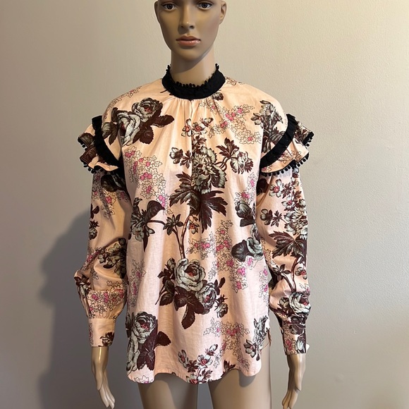 MANOUSH Tops - Manoush High Neck Long Sleeve pink Floral Top Size 36 Size 4